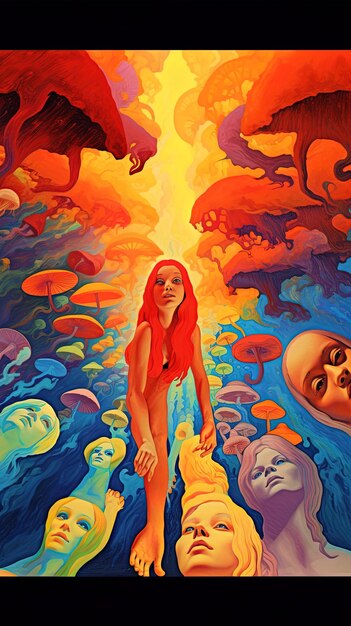 a painting of a woman in a red dress is surrounded by alien alien