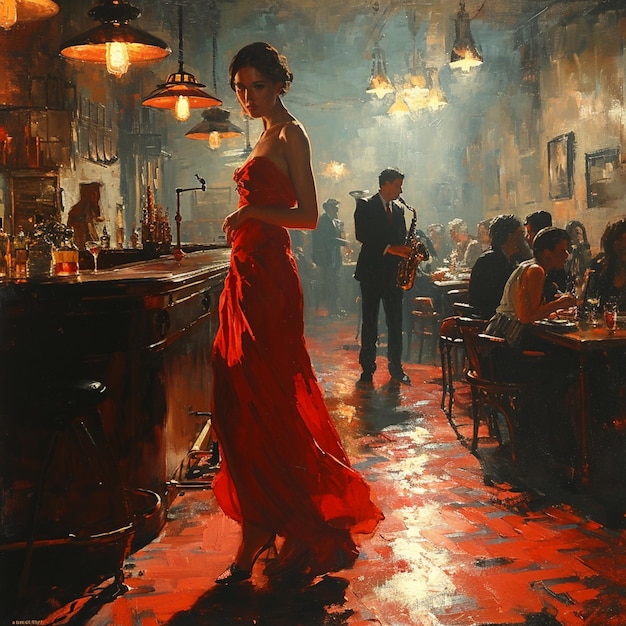 Painting of a woman in a red dress standing in a bar generative ai