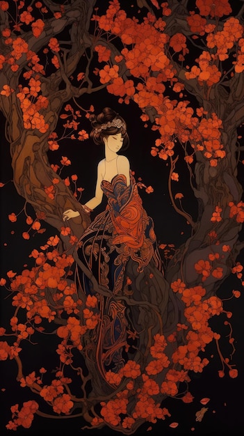 A painting of a woman in a red dress with fall colors