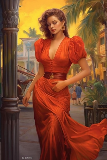 a painting of a woman in a red dress with a gold cross on the bottom.