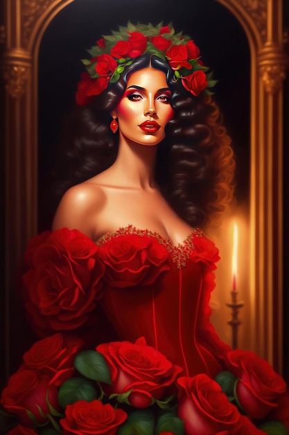 A painting of a woman in a red dress with roses on her head.