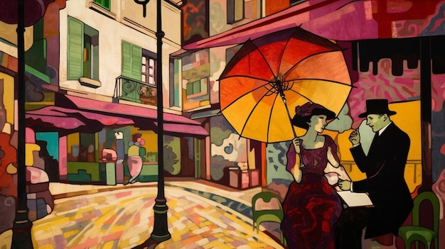 A painting of a woman in a red dress with an umbrella.