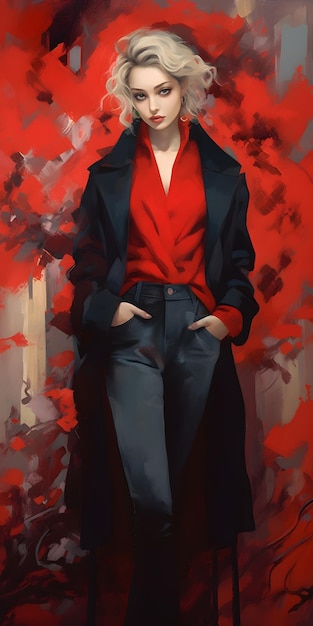 A painting of a woman in a red shirt and black pants