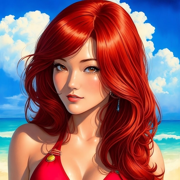 A painting of a woman in a red swimsuit