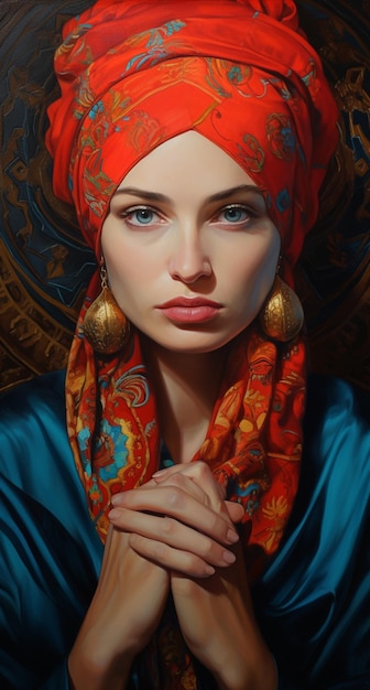 Photo painting of a woman in a red turban and earrings generative ai