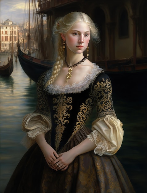 A painting of a woman in a renaissance style.