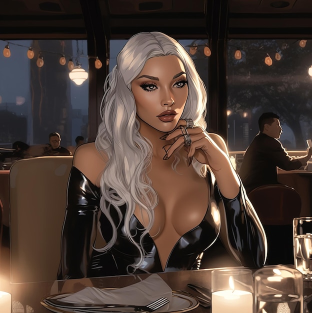 a painting of a woman in a restaurant with a glass of wine.