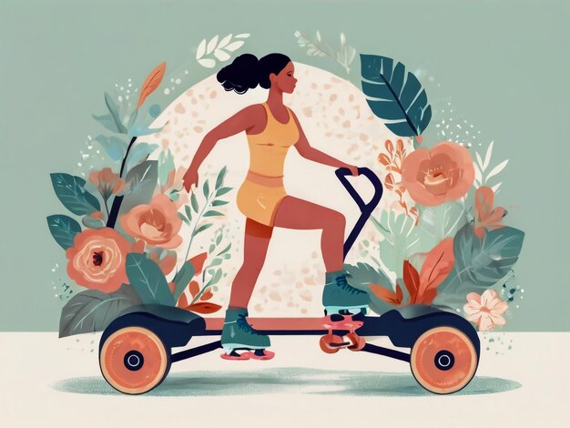 a painting of a woman riding a scooter with flowers and a picture of a woman riding a scooter