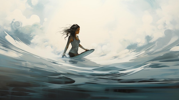 painting of a woman riding a wave on a surfboard generative ai