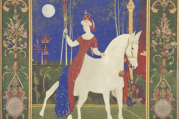 A painting of a woman riding a white horse