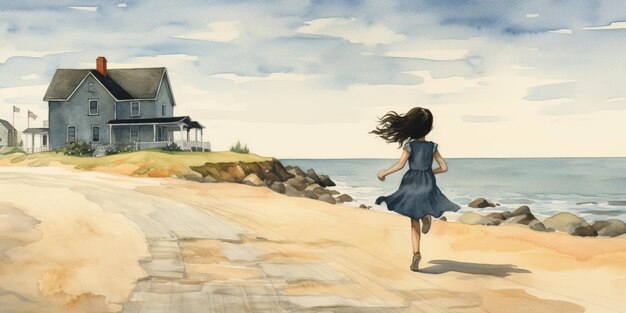 painting of a woman running on a beach near a house generative ai