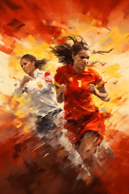 a painting of a woman running with a white shirt and her hair blowing in the wind