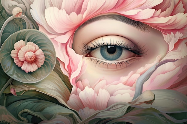 A painting of a woman's eye with flowers on it