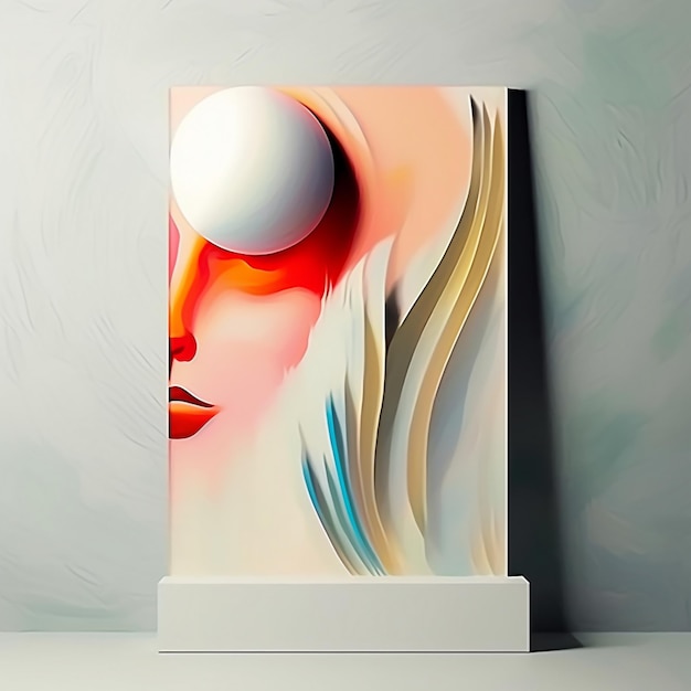 a painting of a woman's face is on a white stand.