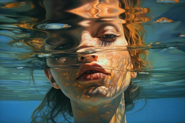 a painting of a woman's face reflected in water.