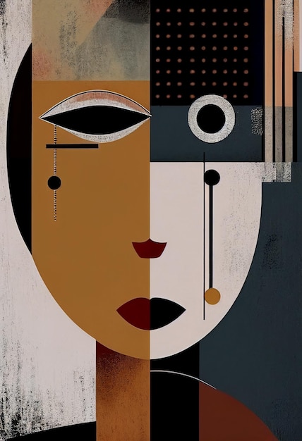 A painting of a woman's face with a black and gold face and a black and white eye.