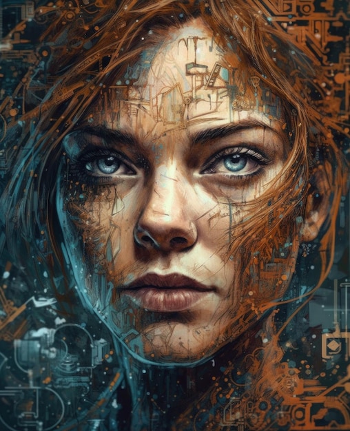 A painting of a woman's face with blue eyes and a scribbled background.