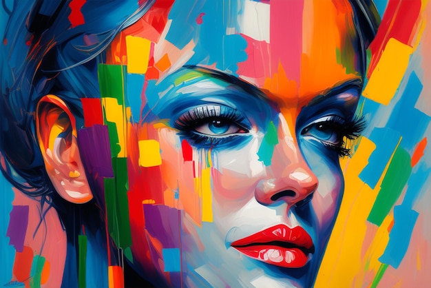 A painting of a woman's face with bright colors and the word love on it.