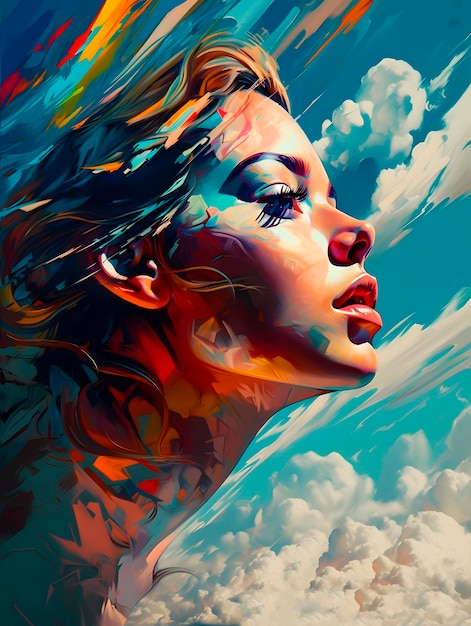 A painting of a woman's face with clouds in the background AI generated AI generativ