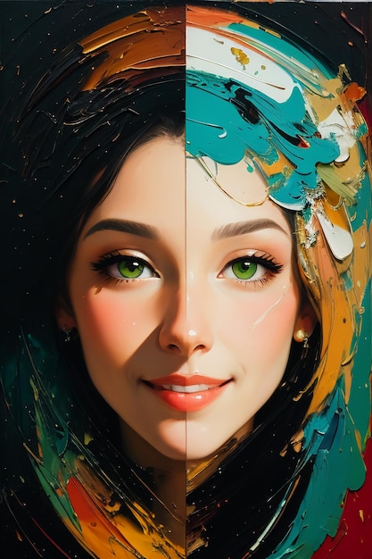 A painting of a woman's face with green eyes and a green feather on the left side.