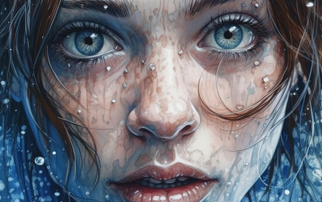 A painting of a woman's face with water drops on it