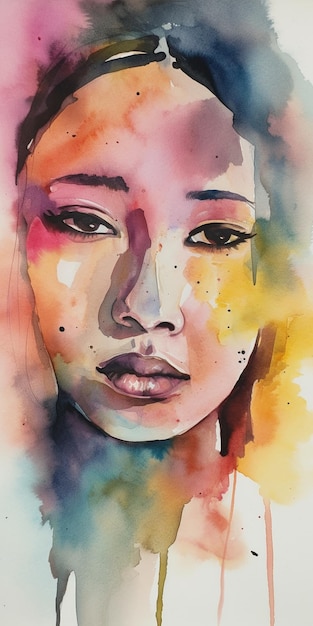 A painting of a woman's face with a yellow background and the word " on it "