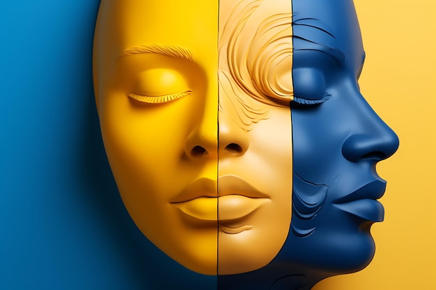 a painting of a woman's face with the yellow and blue colors