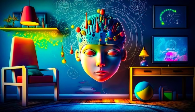 Painting of woman's head in room with blue wall Generative AI