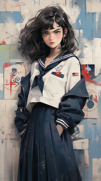 painting of a woman in a sailor suit leaning against a wall generative ai