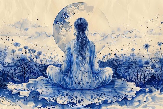 Photo a painting of a woman seated on the ground in front of a full moon