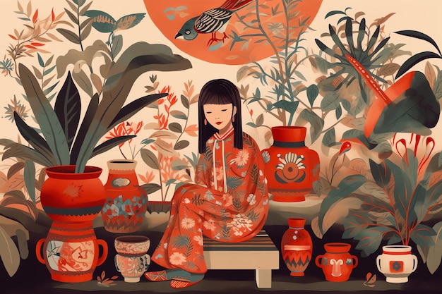 A painting of a woman sitting on a bench with many vases and a bird on it.