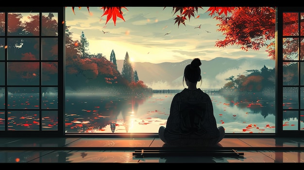 배경 에 잎 이 있는 호수 앞 의 배 에 앉아 있는 여자 의 그림