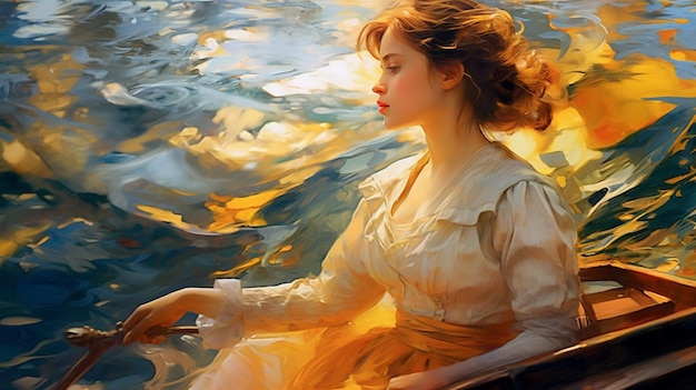 Картина с изображением женщины, сидящей в лодке, с изображением женщины, держащей кисть.