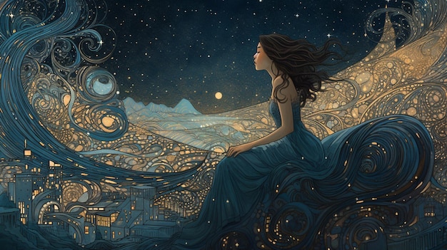 A painting of a woman sitting on a cliff looking at a city at night.