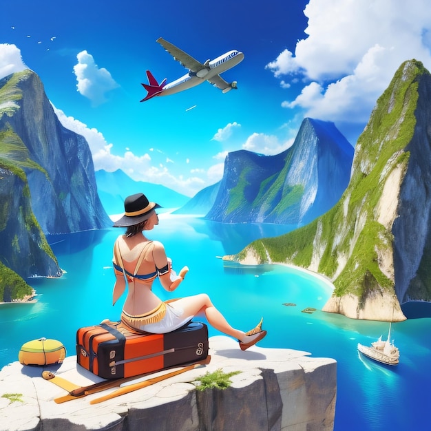 Photo a painting of a woman sitting on a cliff with a plane flying overhead.