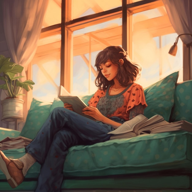 Картина женщины, сидящей на диване и читающей книгу.