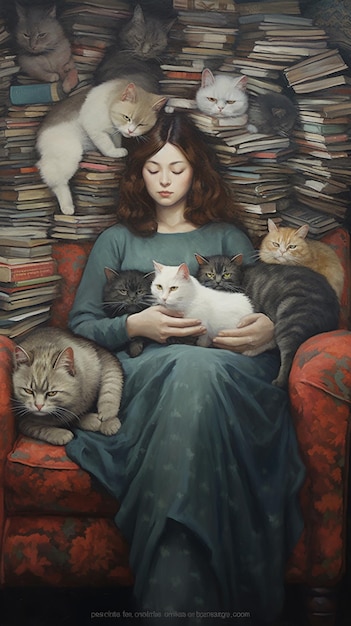 Photo painting of a woman sitting on a couch with cats on her lap generative ai