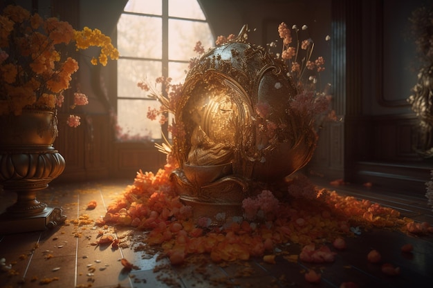 Картина женщины, сидящей в яйце с цветами.