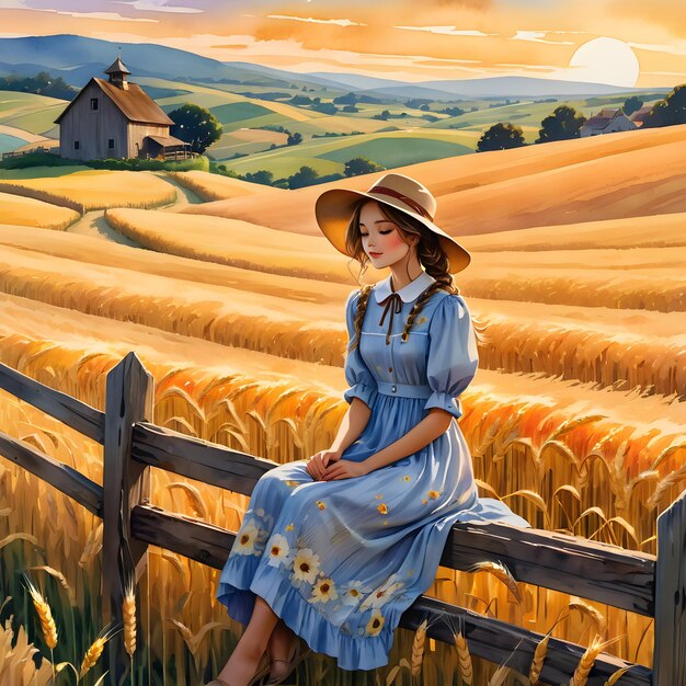 картина женщины, сидящей на заборе с фермерским домом на заднем плане