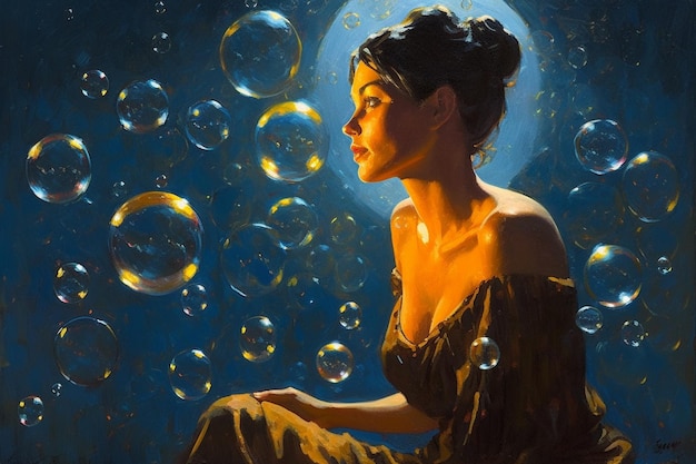 A painting of a woman sitting in front of bubbles and the moon is lit up.