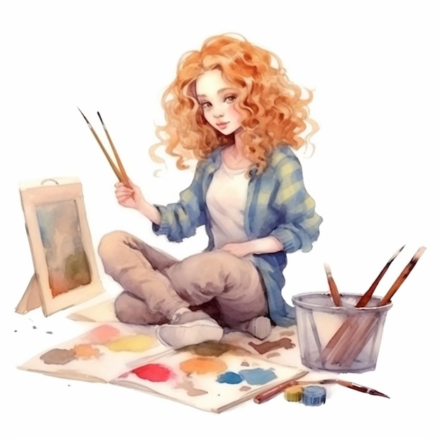 Painting of a woman sitting on the ground with a brush and palette generative ai