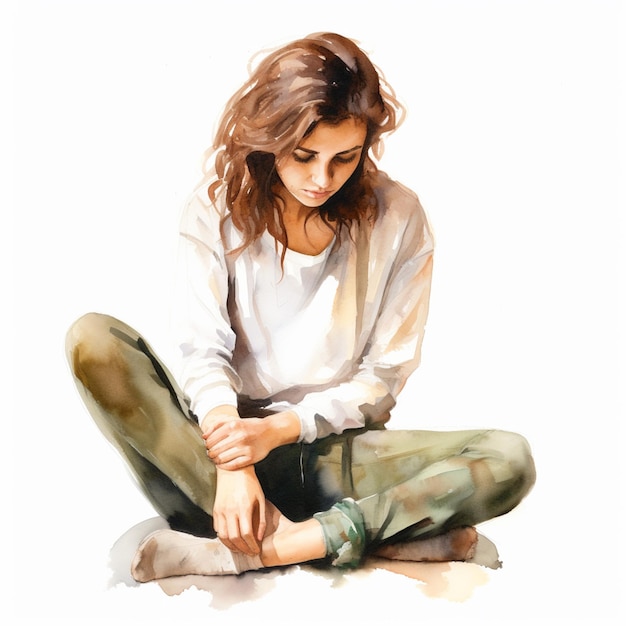 Photo painting of a woman sitting on the ground with her feet crossed generative ai