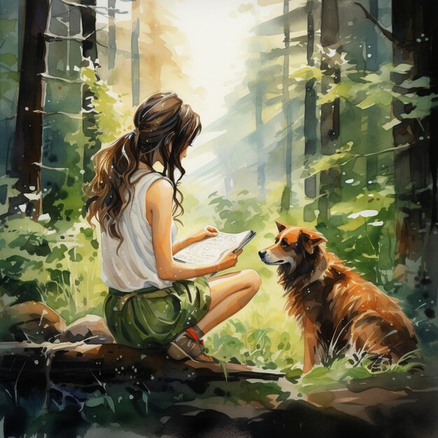 Painting of a woman sitting on a log with a dog generative ai