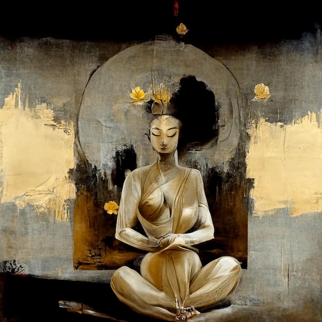 Painting of a woman sitting in a lotus position with a flower in her hair generative ai