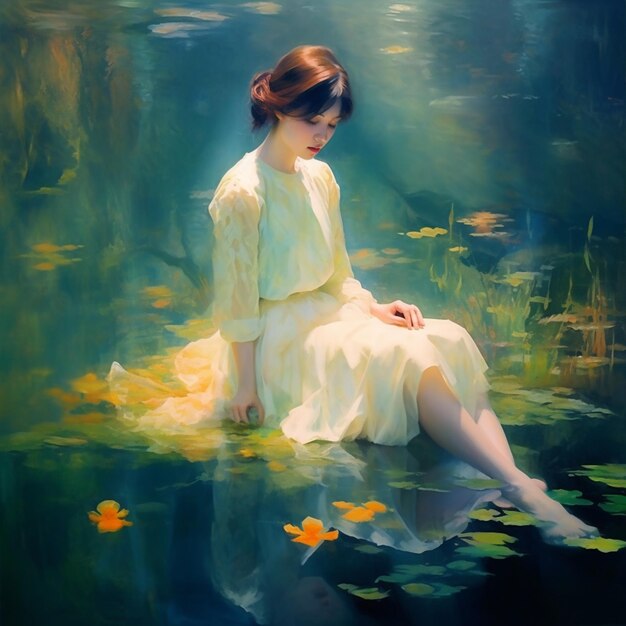 painting of a woman sitting in a pond of water with lily pads generative ai