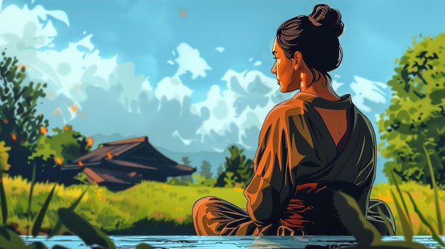 Photo a painting of a woman sitting in a river with a sky background