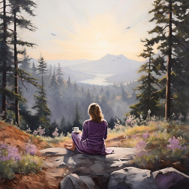 Painting of a woman sitting on a rock in a forest generative ai