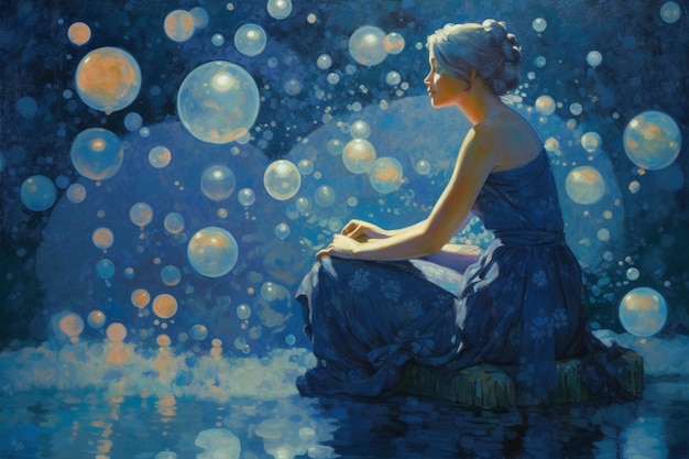 A painting of a woman sitting on a rock with bubbles floating around her.