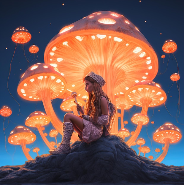 A painting of a woman sitting on a rock with mushrooms and mushrooms.