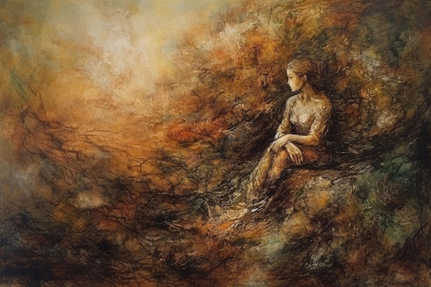 A painting of a woman sitting on a rock with the word love on it.